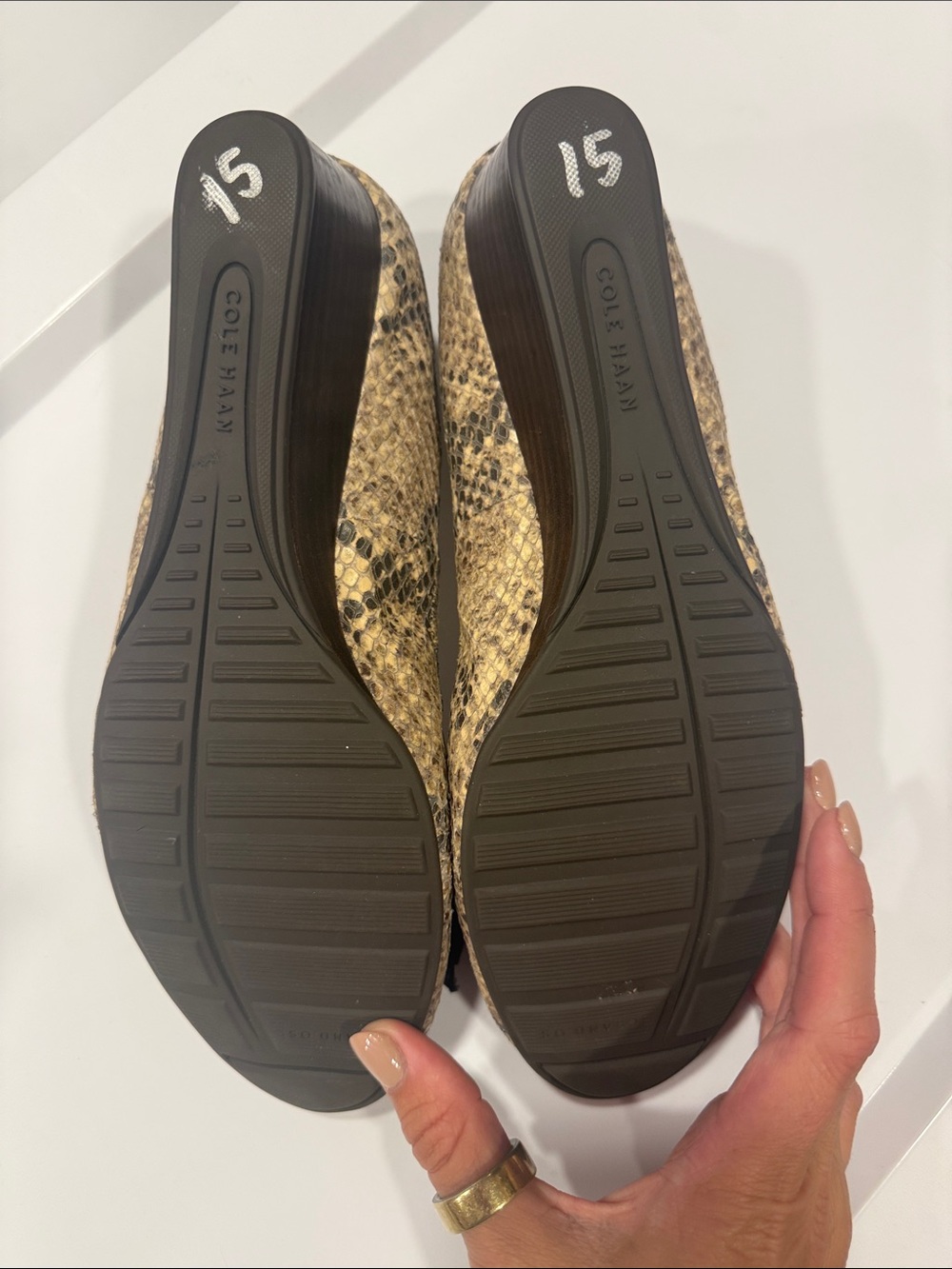 Cole Haan Beige and Black Snakeskin-Print Wedge Ballet Flats with Bow - Picture 3 of 4